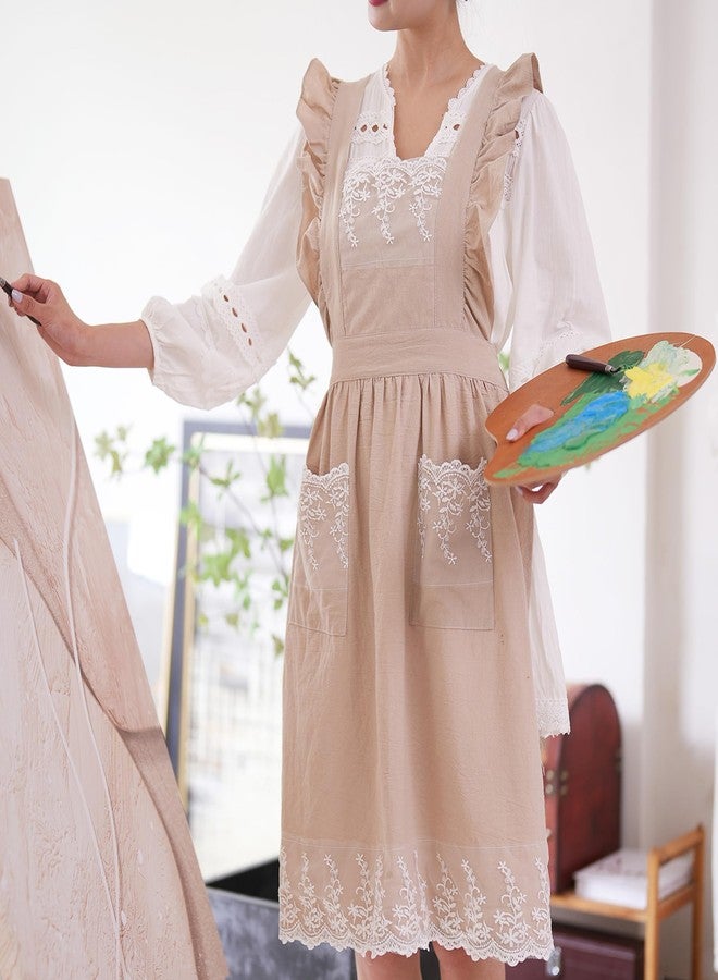 Aoomzoon Vintage Aprons for Woman with Pockets Cute Lace Ruffle Adjustable Apron for Cooking Kitchen Baking Gardening (Beige) - Image 2