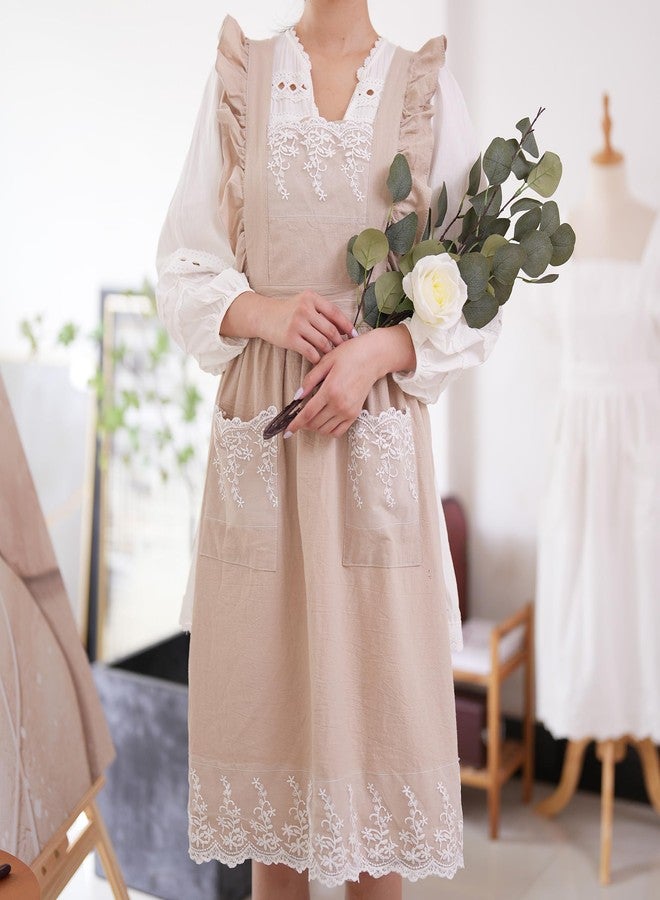 Aoomzoon Vintage Aprons for Woman with Pockets Cute Lace Ruffle Adjustable Apron for Cooking Kitchen Baking Gardening (Beige) - Image 4