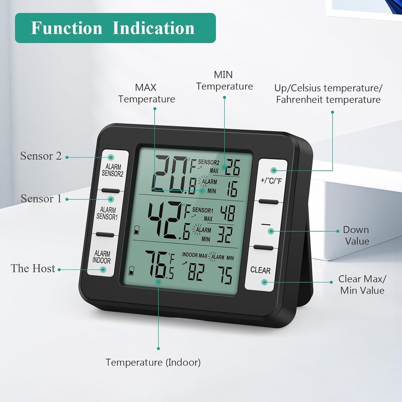 ORIA Refrigerator Thermometer, Wireless Digital Freezer Thermometer with 2 Wireless Sensors, Audible Alarm, Min and Max Display, LCD Display for Home, Restaurants, Bars, Black - Image 4