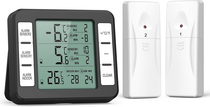 ORIA Refrigerator Thermometer, Wireless Digital Freezer Thermometer with 2 Wireless Sensors, Audible Alarm, Min and Max Display, LCD Display for Home, Restaurants, Bars, Black - Image 1