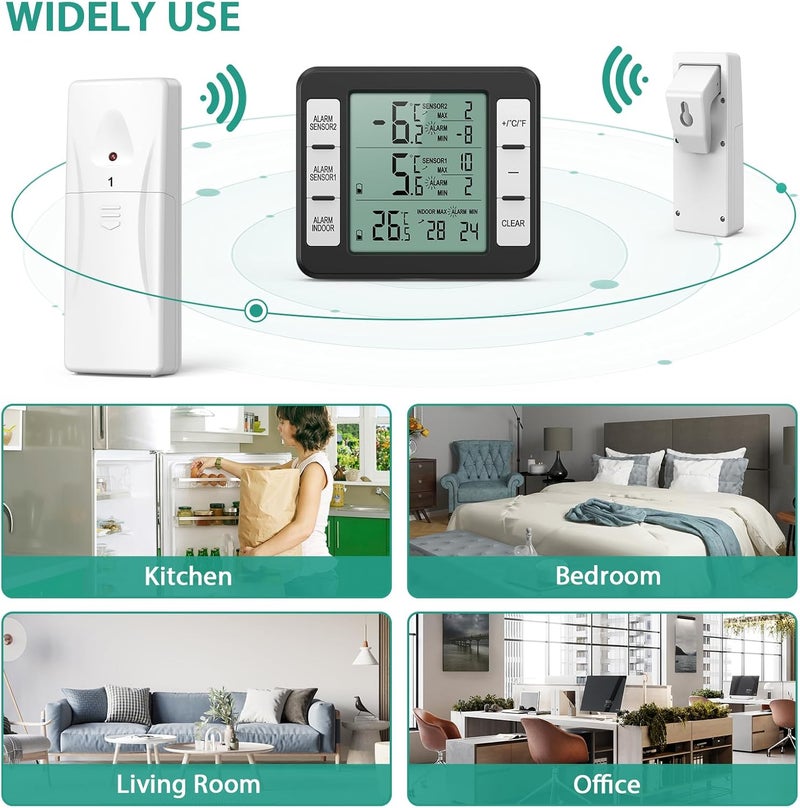 ORIA Refrigerator Thermometer, Wireless Digital Freezer Thermometer with 2 Wireless Sensors, Audible Alarm, Min and Max Display, LCD Display for Home, Restaurants, Bars, Black - Image 5
