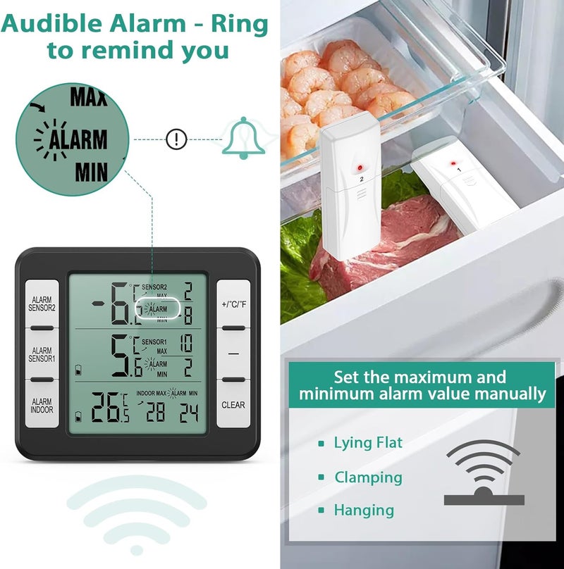 ORIA Refrigerator Thermometer, Wireless Digital Freezer Thermometer with 2 Wireless Sensors, Audible Alarm, Min and Max Display, LCD Display for Home, Restaurants, Bars, Black - Image 2