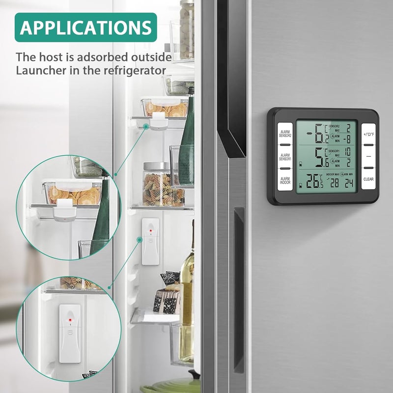 ORIA Refrigerator Thermometer, Wireless Digital Freezer Thermometer with 2 Wireless Sensors, Audible Alarm, Min and Max Display, LCD Display for Home, Restaurants, Bars, Black - Image 3