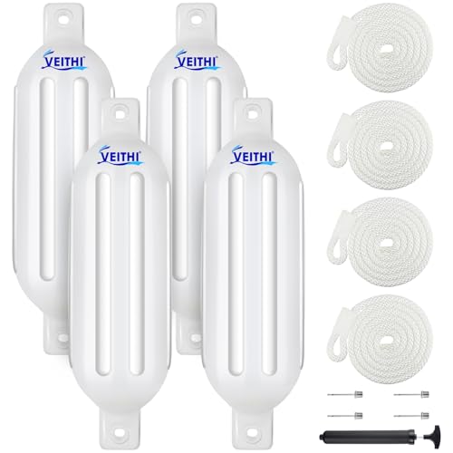 VEITHI Boat Fenders 4 Pack 6.5 x 23 inch,Ribbed Twin Eyes Vinyl Boat Bumpers Fenders,Boat Bumpers for Docking Come with Ropes Needles and Pump to Inflate,Pontoon Boat Fenders for Docking - White - Image 1