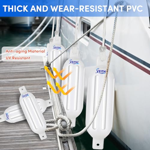 VEITHI Boat Fenders 4 Pack 6.5 x 23 inch,Ribbed Twin Eyes Vinyl Boat Bumpers Fenders,Boat Bumpers for Docking Come with Ropes Needles and Pump to Inflate,Pontoon Boat Fenders for Docking - White - Image 2