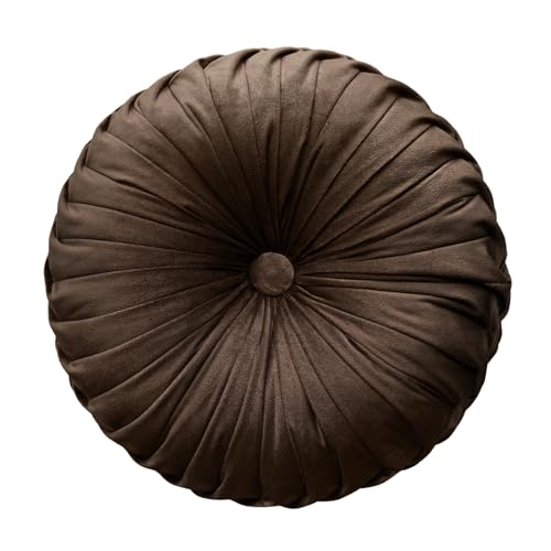 Teieas Round Throw Pillow Velvet Home Decoration Pleated Round Pillow Cushion for Couch Chair Bed Car Brown - Image 1