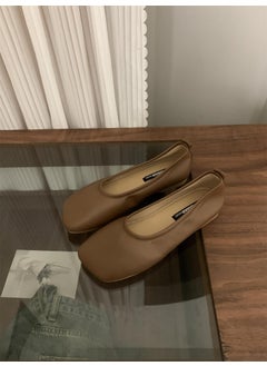Womens Ballet Slippers Simple Versatile Soft Leather Soft Sole Milk Sapatoes Square Head Ruffles Evening Wind Single Shoes Bean Brown
