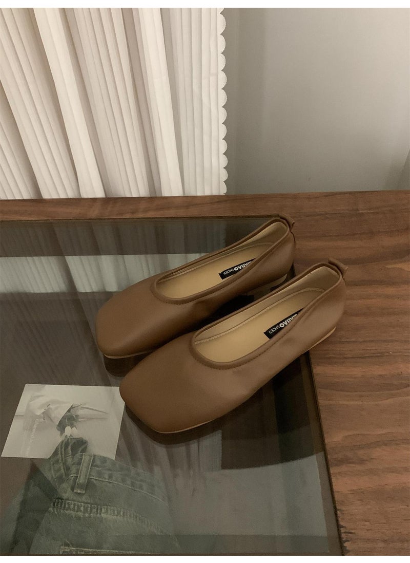 Generic - Womens Ballet Slippers Simple Versatile Soft Leather Soft Sole Milk Sapatoes Square Head Ruffles Evening Wind Single Shoes Bean Brown - Image 1