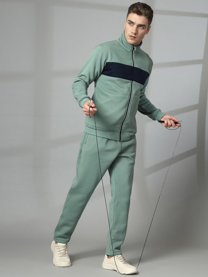 CHKOKKO Mens High Neck Winter Tracksuit Full Zip Jacket with Elastic Waist Lower Warm and Soft Activewear Set for Gym Running and Casual Use PastelGreenNavy M - Image 3