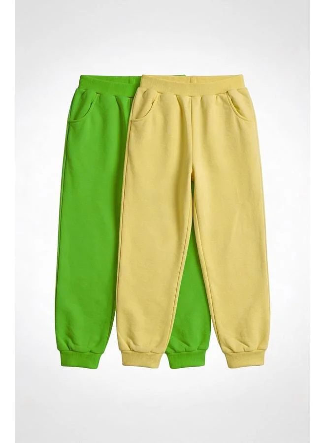 Perendi Unisex Kids Basic Jogger Sweatpants 2‑Piece Set – Yellow & Pistachio Green.