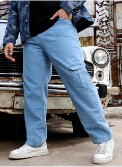 Instafab Plus Men's Light Blue Straight Cargo Denim Jeans  - Image 1