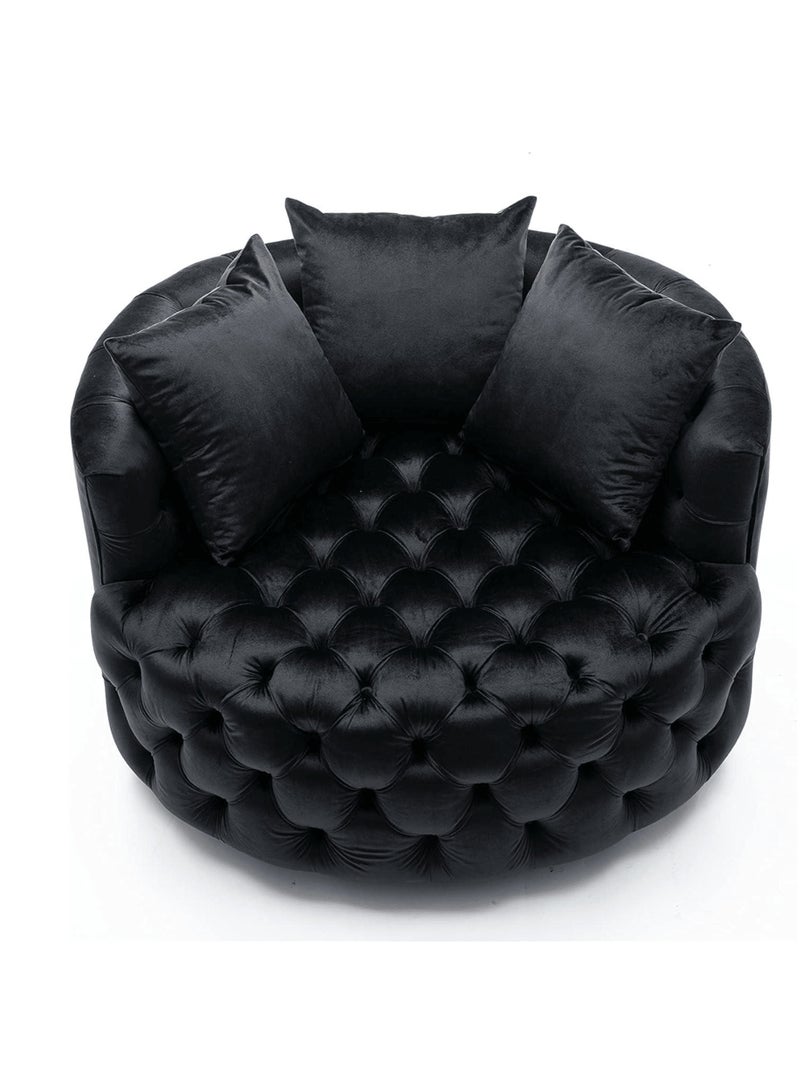 وودن تويست أريكة مستديرة حديثة بتصميم معنقدة على شكل زر برميل لغرفة المعيشة مع 3 وسائد (أسود) - Image 1