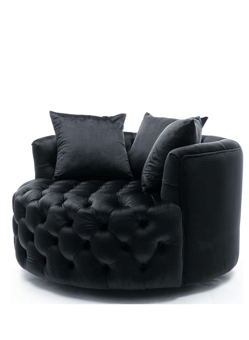 وودن تويست أريكة مستديرة حديثة بتصميم معنقدة على شكل زر برميل لغرفة المعيشة مع 3 وسائد (أسود) - Image 3