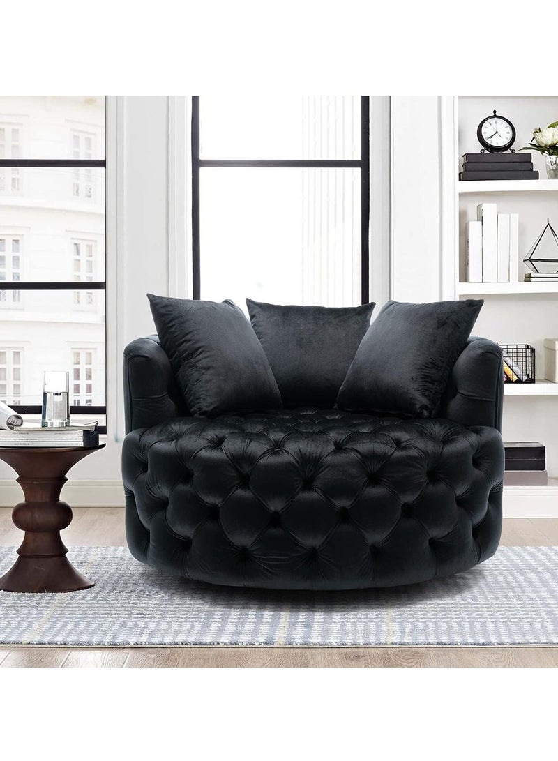 وودن تويست أريكة مستديرة حديثة بتصميم معنقدة على شكل زر برميل لغرفة المعيشة مع 3 وسائد (أسود) - Image 2