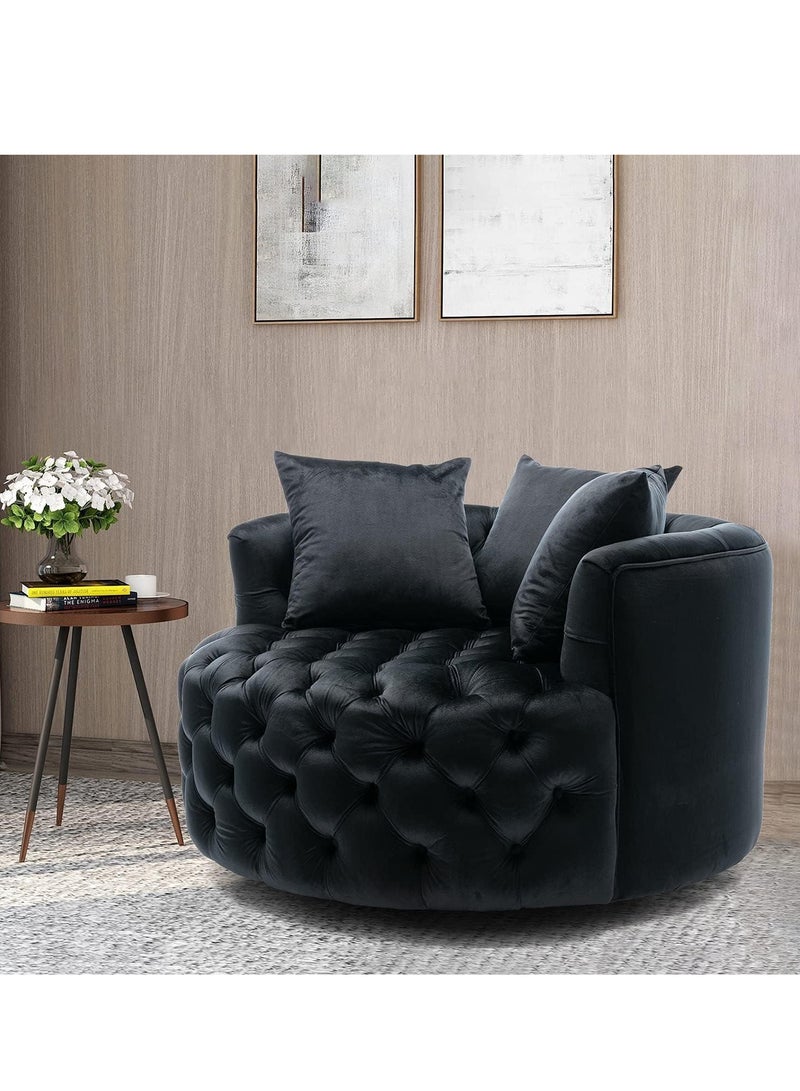 وودن تويست أريكة مستديرة حديثة بتصميم معنقدة على شكل زر برميل لغرفة المعيشة مع 3 وسائد (أسود) - Image 4