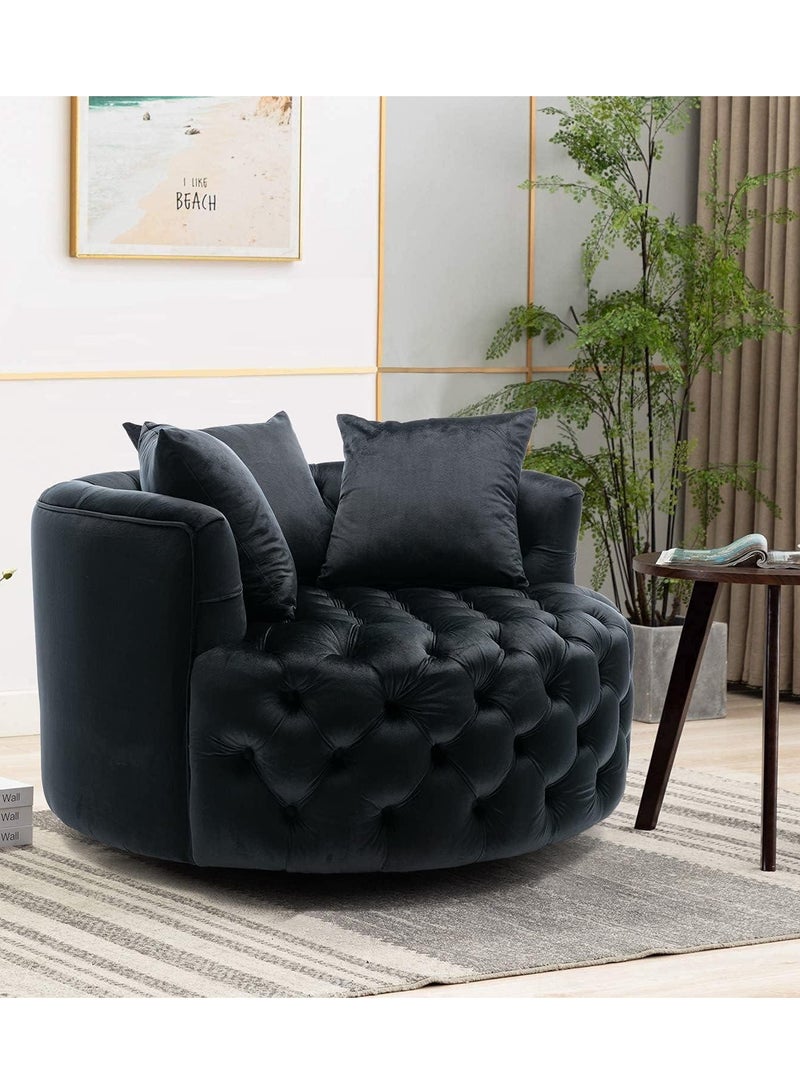وودن تويست أريكة مستديرة حديثة بتصميم معنقدة على شكل زر برميل لغرفة المعيشة مع 3 وسائد (أسود) - Image 5
