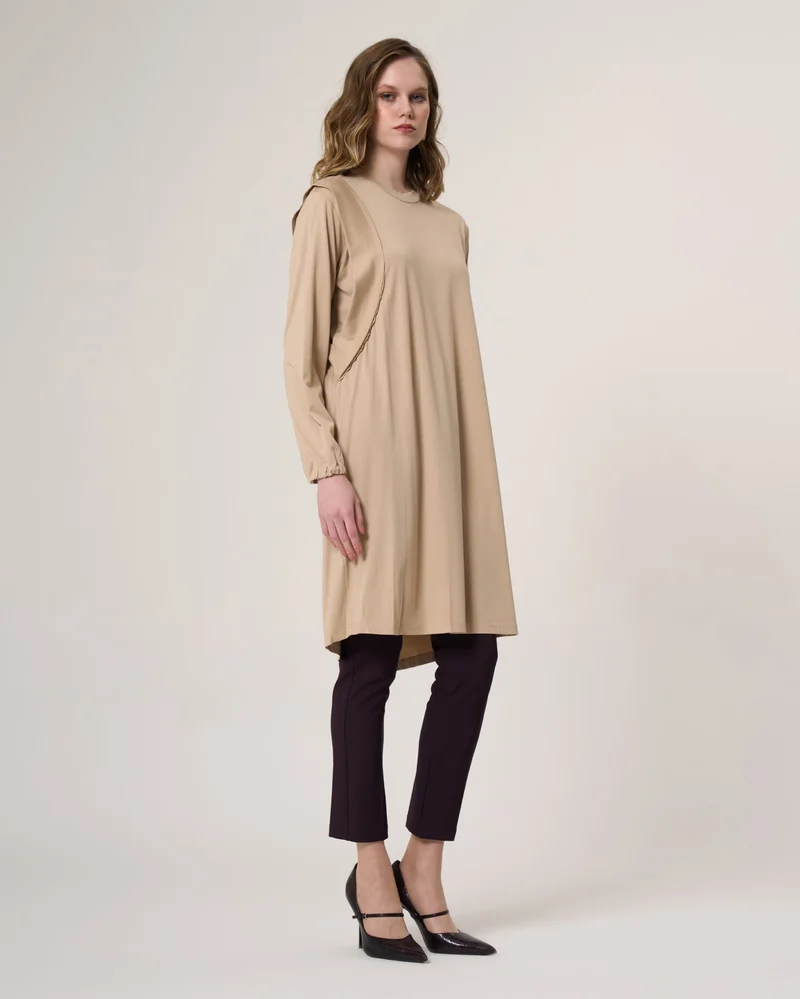 MissWhence Curved-Seam Longline Tunic with Gathered Cuffs - Camel