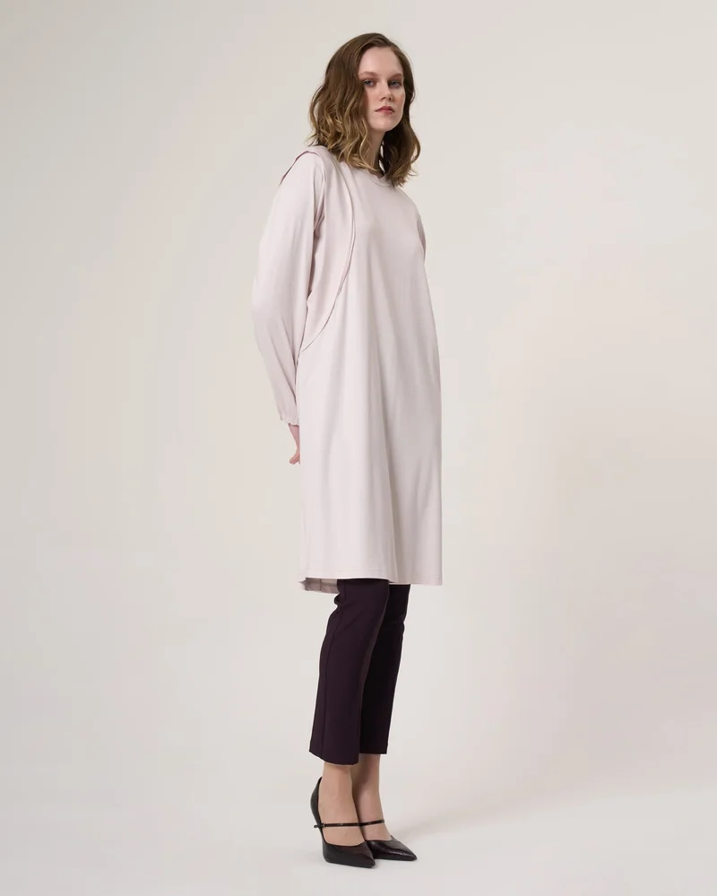 MissWhence  Curved-Seam Longline Tunic with Gathered Cuffs - Camel for Women | Best Price UAE