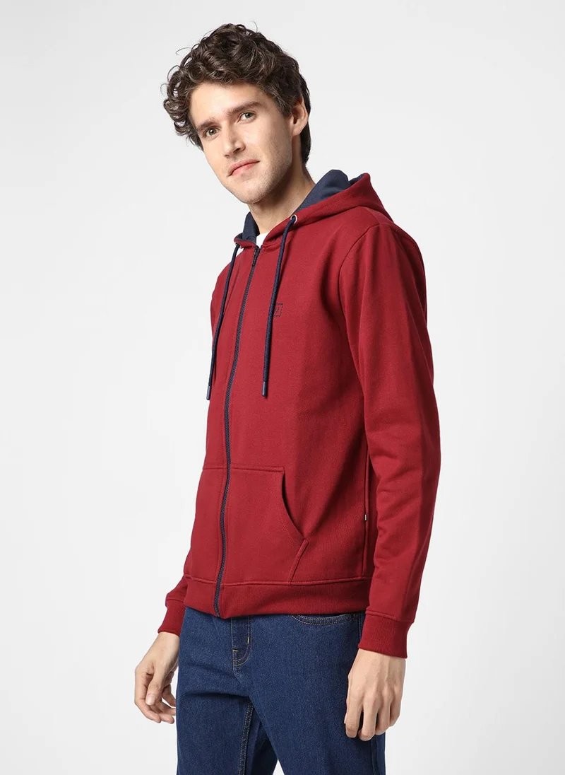 Urbano Fashion  Urbano Fashion Men's Maroon, Navy Cotton Zippered Hooded Sweatshirt for Men | Best Price UAE