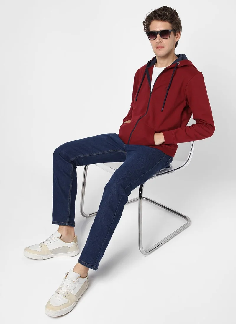 Urbano Fashion  Urbano Fashion Men's Maroon, Navy Cotton Zippered Hooded Sweatshirt for Men | Best Price UAE
