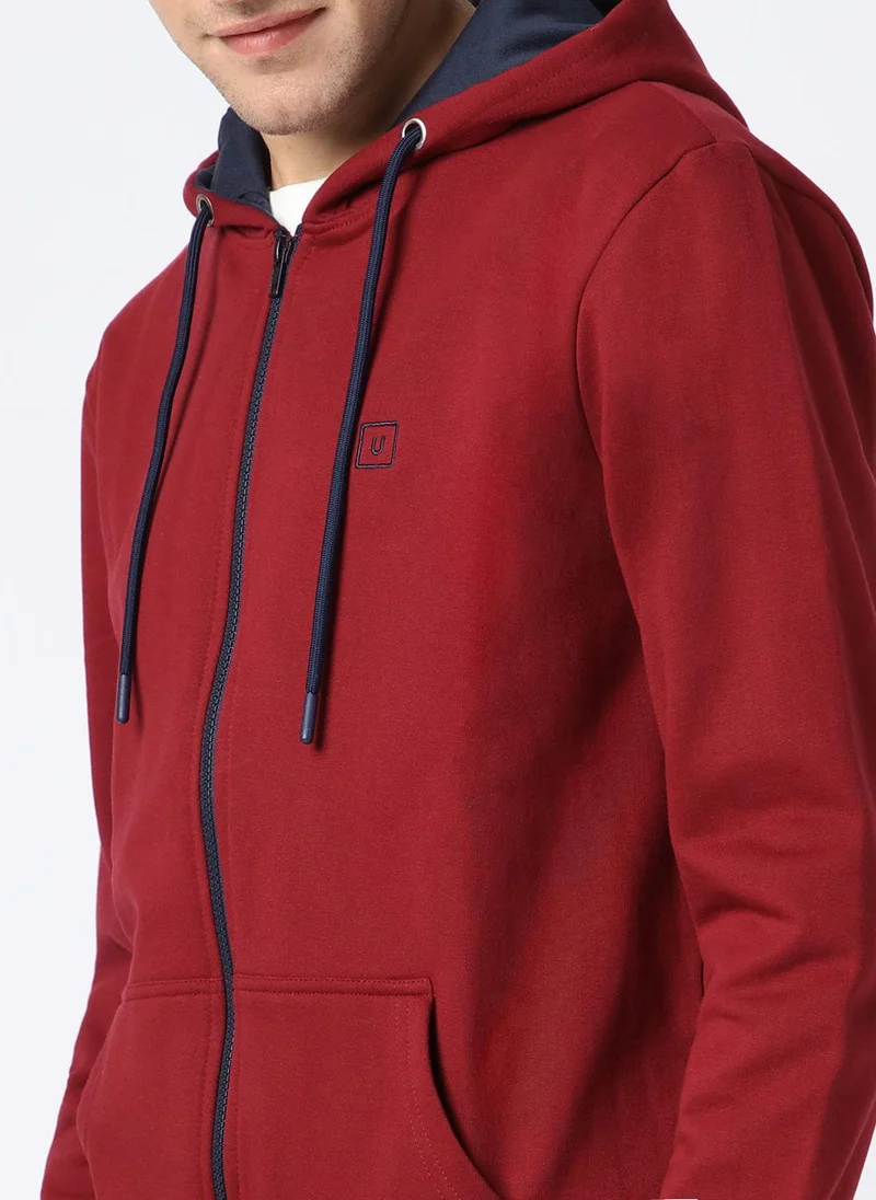 Urbano Fashion  Urbano Fashion Men's Maroon, Navy Cotton Zippered Hooded Sweatshirt for Men | Best Price UAE