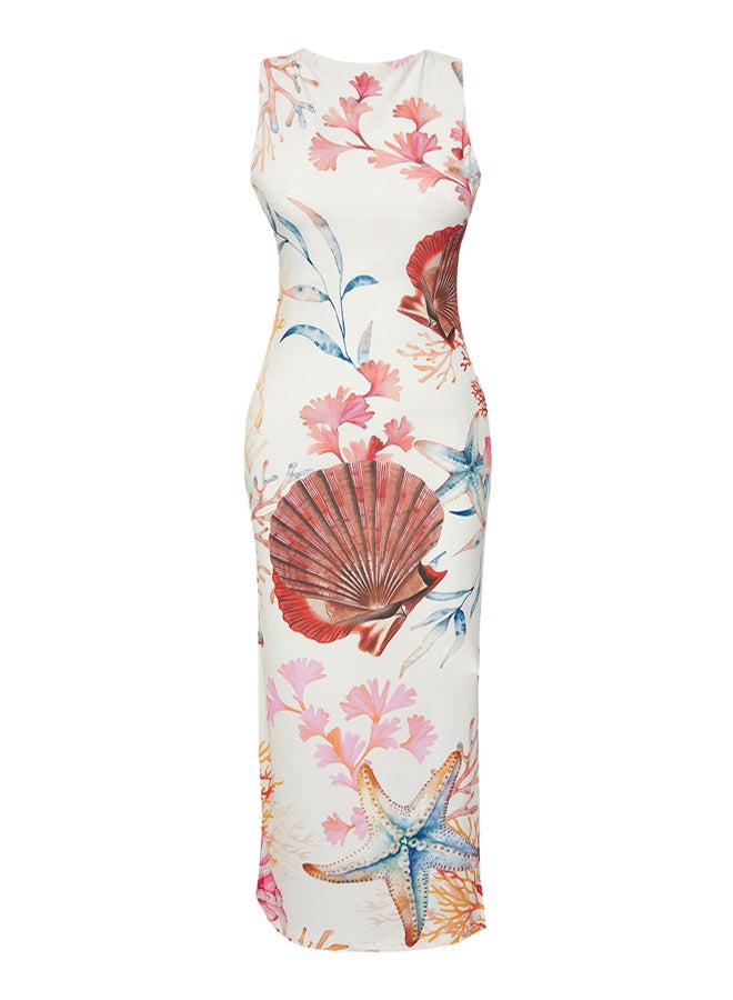 trendyol Limited Edition Multicoloured Printed Back Detail Bodycon Maxi Stretch Knit Dress - Image 3