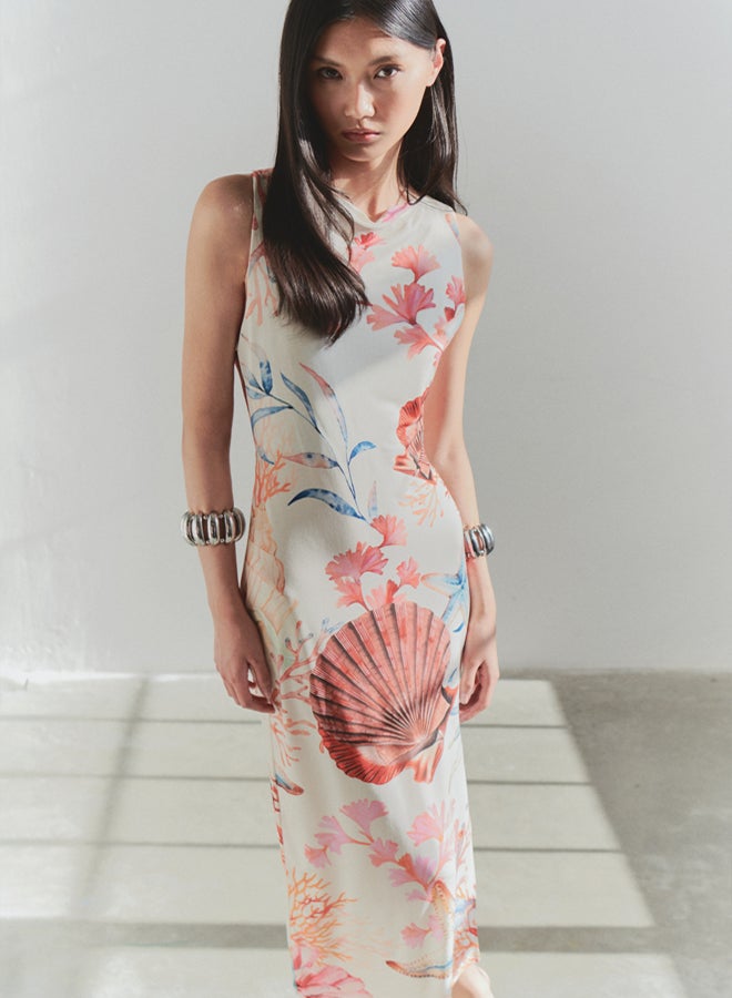 trendyol Limited Edition Multicoloured Printed Back Detail Bodycon Maxi Stretch Knit Dress - Image 2