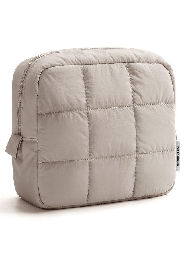 Narwey Puffer Travel Makeup Bag for Women Girl, Quilted Puffy Cosmetic Bag Make Up Bag Organizer, Cute Travel Toiletry Bag for Toiletries (Khaki) - Image 1