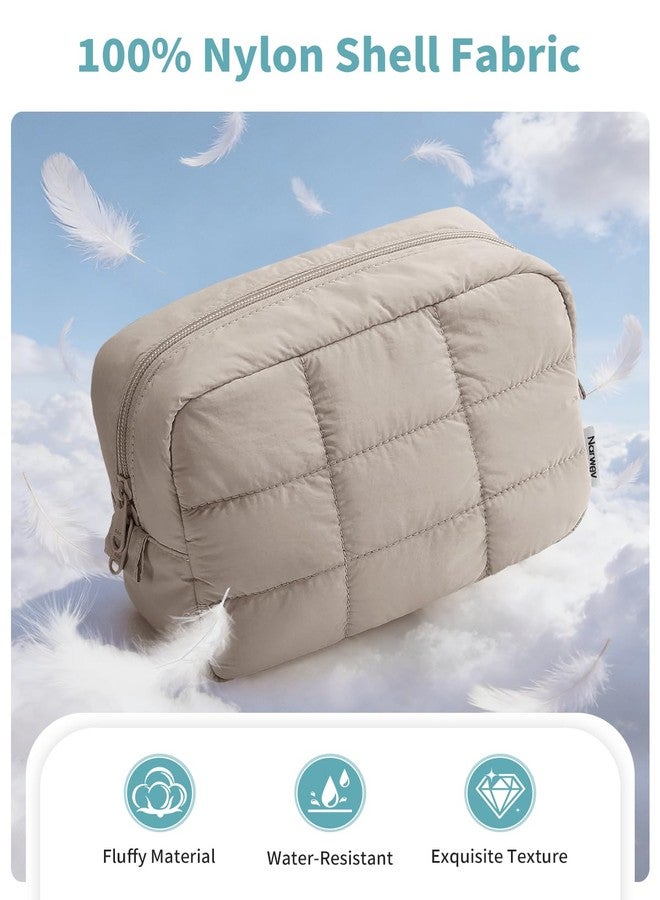 Narwey Puffer Travel Makeup Bag for Women Girl, Quilted Puffy Cosmetic Bag Make Up Bag Organizer, Cute Travel Toiletry Bag for Toiletries (Khaki) - Image 2
