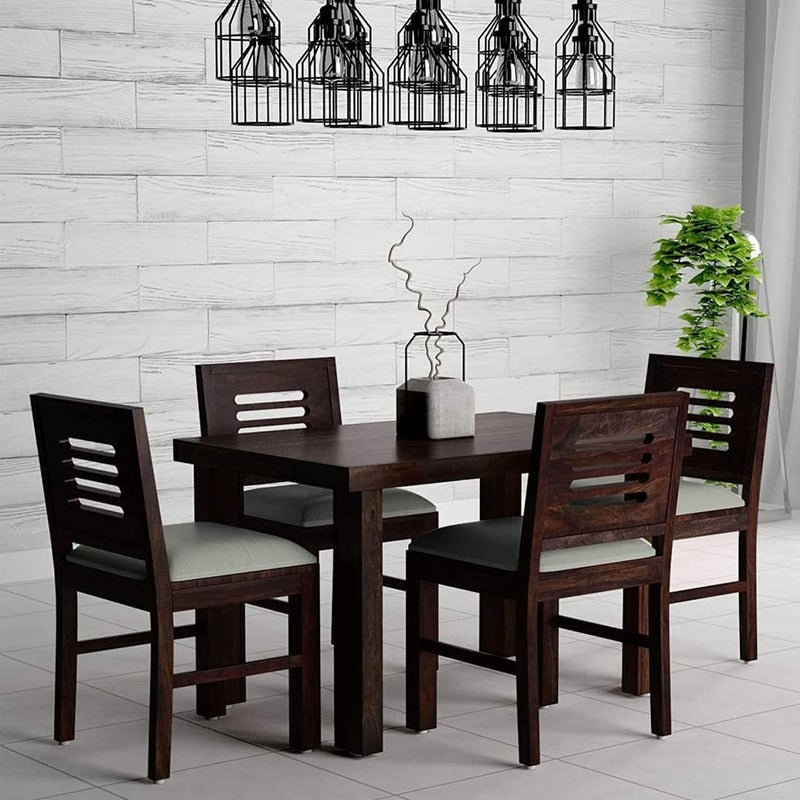 KENDALWOOD Furniture Sheesham Wood Dining Table45x30 with 4 Chairs 4 Seater Dining Set Wooden Dining Table with Chair Dining Room Furniture Walnut Finish with Cream Cushions