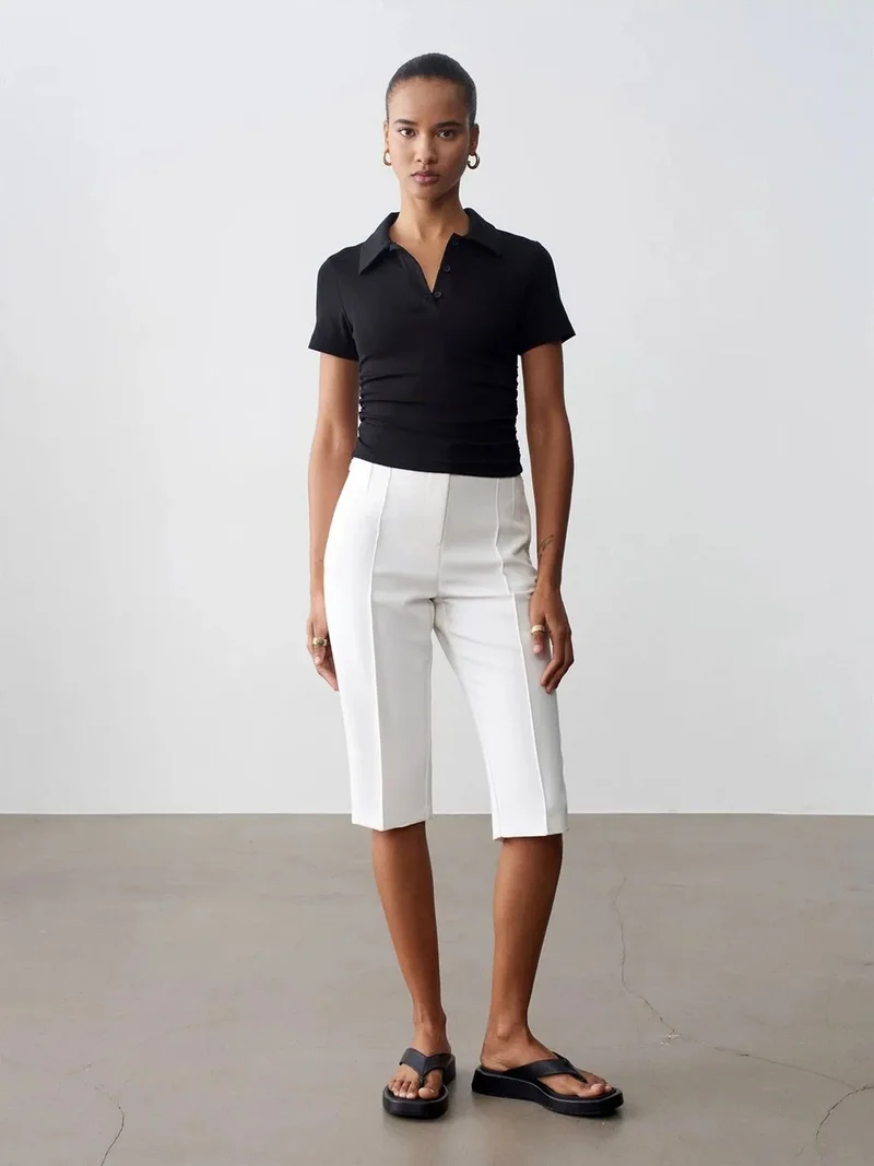 ديلفين Dilvin High-waist Straight Capri Shorts With Slit