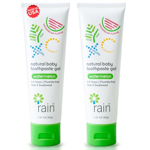 Rain Natural Baby Fluoride Free Kids Toothpaste Gel - Safe to Swallow Infant Toddler Tooth Paste, 2.8 Oz, Babies Training, Ages 6 to 12 months and Up Vitamin C Watermelon Toothpaste for Kids 0-6 years - Image 1