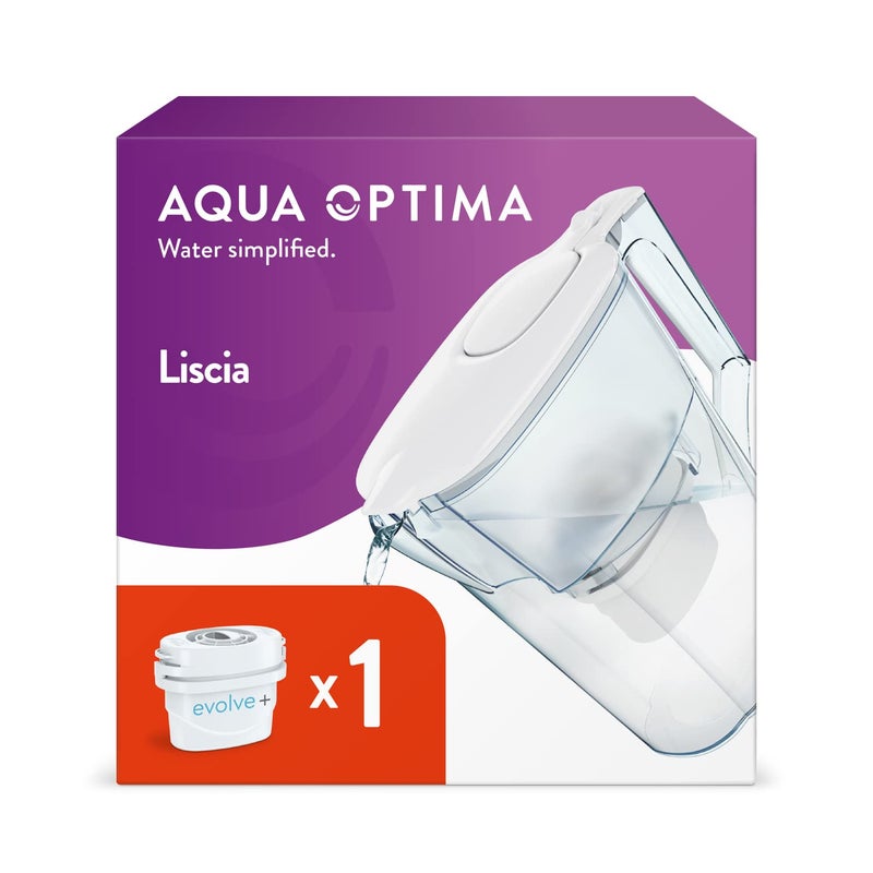 Aqua Optima Liscia Water Filter Jug  1 Evolve Filter Cartridges 25L White  Fridge  Dishwasher Friendly Easy Fill  Reduces Limescale Chlorine  Other Impurities  By LAICA Packaging May Vary