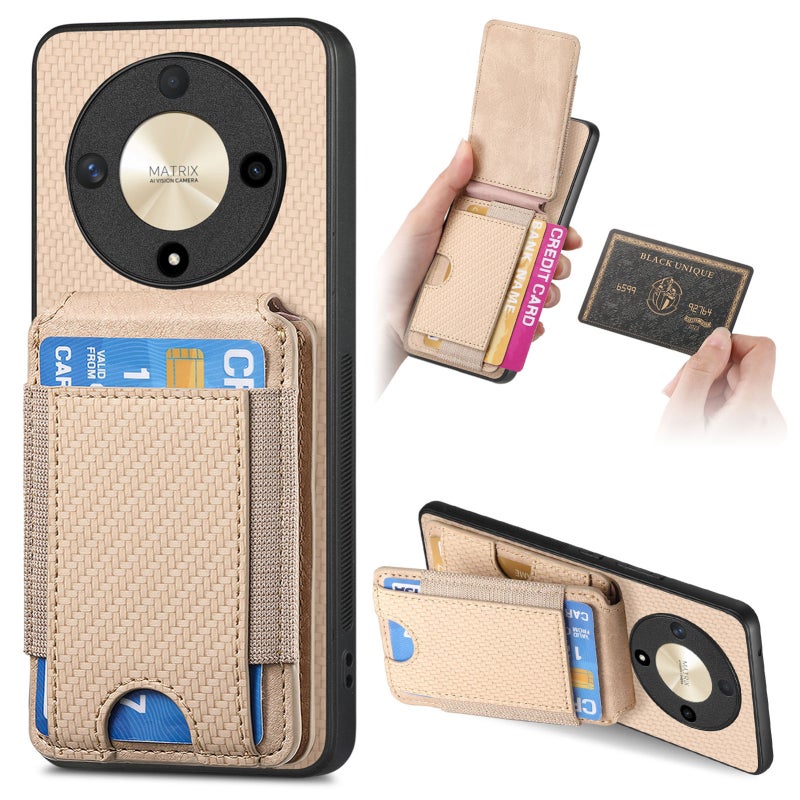HuHa Protective Cover For Honor X9b Carbon Fiber Vertical Flip Wallet Stand Phone Case(Khaki) - Image 1