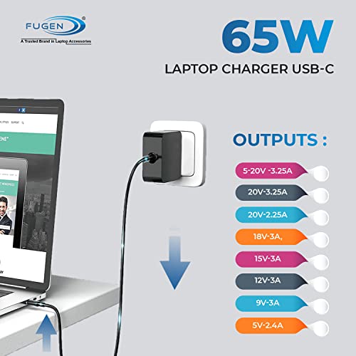 FUGEN Universal Wall 65W (5V-20V) 5V/3A, 9V/3A, 15V/3A 20V/3.25A USB C Type Adapter Laptop Charger Compatible for Dell Lenovo Acer HP Asus Acer Laptop Notebooks, Black - Image 2