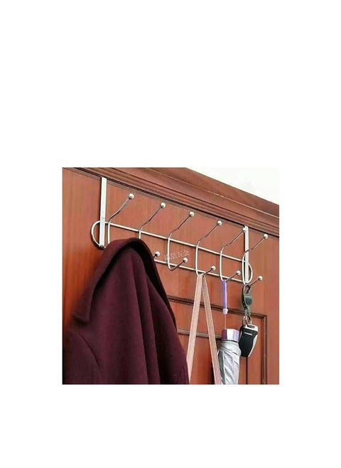 A stainless steel over-the-door hanger with 6 sturdy hooks, perfect for hanging clothes, jackets, towels, and more. Designed for heavy-duty use, it provides a convenient and space-saving storage solution without the need for screws or drilling.