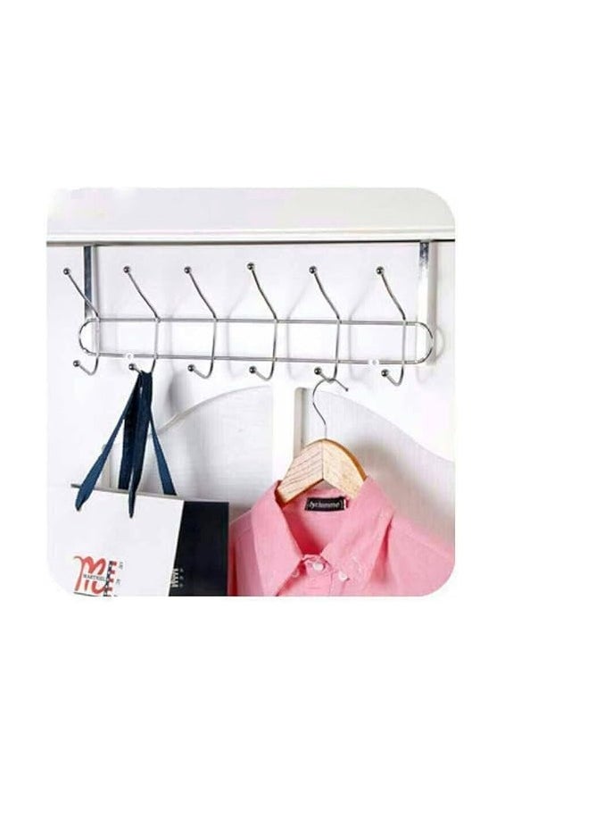 Generic - A stainless steel over-the-door hanger with 6 sturdy hooks, perfect for hanging clothes, jackets, towels, and more. Designed for heavy-duty use, it provides a convenient and space-saving storage solution without the need for screws or drilling. - Image 1
