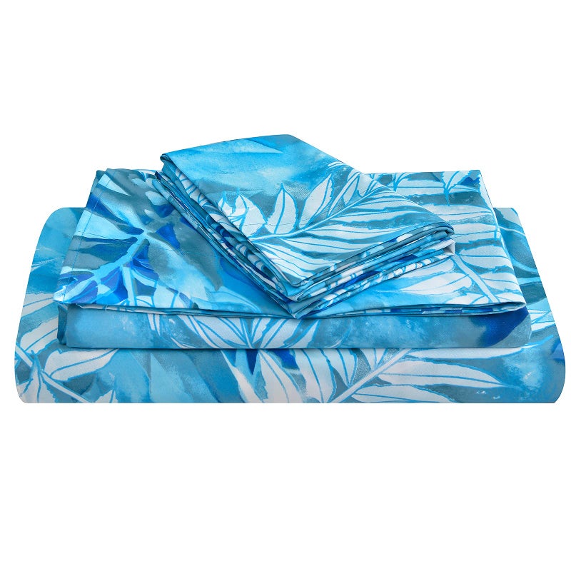 JSD Teal Blue Tropical Leaves Sheet Set Full Size 4 Piece Printed Microfiber Sheets Extra Deep Pocket Wrinkle Free