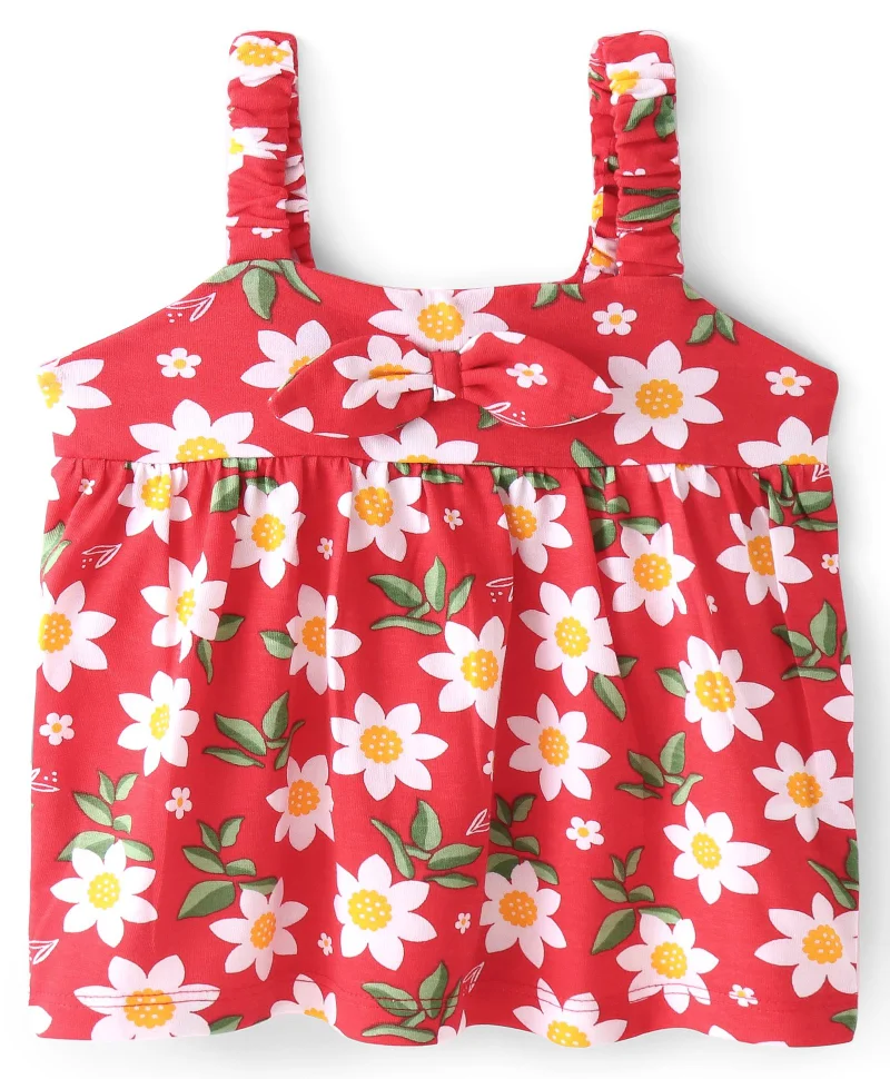 babyhug Babyhug Cotton Knit Sleeveless Top with Floral Print and Bow Detailing- Red