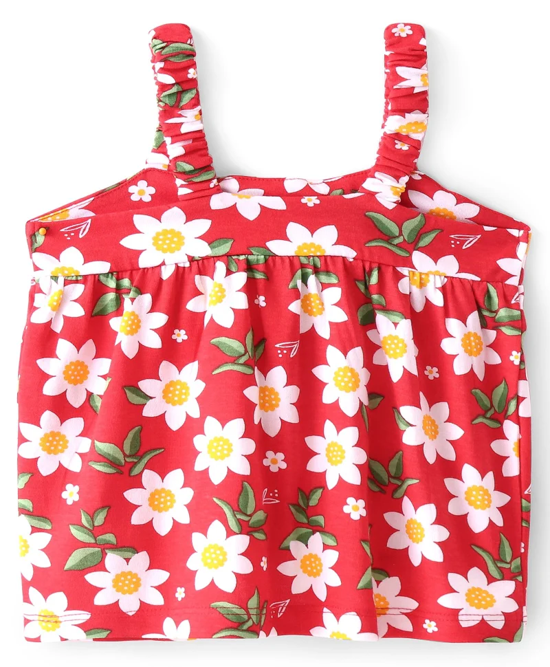 babyhug Babyhug Cotton Knit Sleeveless Top with Floral Print and Bow Detailing- Red