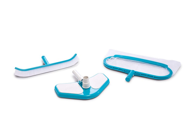 Intex 29057E Deluxe Pool Cleaning Kit for Above Ground Pools: Includes Deep Mesh Skimmer â€“ Curved Wall Brush â€“ Vacuum Head - Image 1