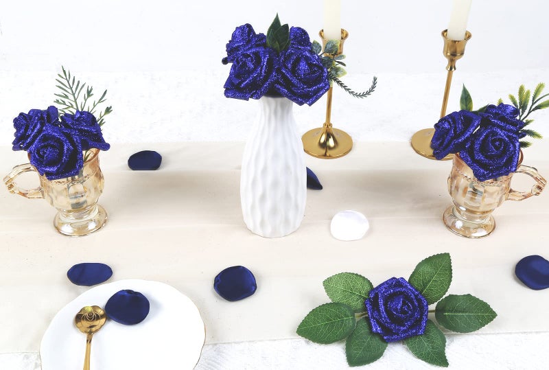 IPOPU Foam Roses  25pcs Royal Blue Roses Glitter Flowers Artificial Rose with Stem for DIY Wedding Bridal Bouquet Home Party Decoration(Royal Blue) - Image 2