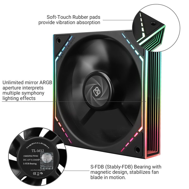 ثيرمالرايت مروحة معالجة Thermalright بقطر 120 مم وتأثير إضاءة ARGB، سرعة 1500 دورة في الدقيقة، تشغيل هادئ، محمل من نوع S-FDB، تأثير إضاءة ARGB على الجانب، أبعاد 4.72” × 4.72” × 0.98”، مناسبة لأجهزة الكمبيوتر المكتبية والخوادم. - Image 3