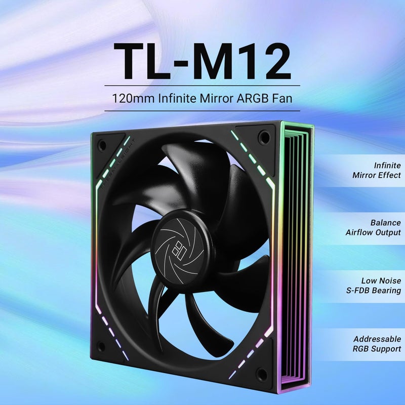 ثيرمالرايت مروحة معالجة Thermalright بقطر 120 مم وتأثير إضاءة ARGB، سرعة 1500 دورة في الدقيقة، تشغيل هادئ، محمل من نوع S-FDB، تأثير إضاءة ARGB على الجانب، أبعاد 4.72” × 4.72” × 0.98”، مناسبة لأجهزة الكمبيوتر المكتبية والخوادم. - Image 2