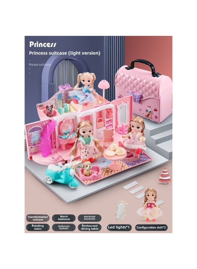 Girls Play House Toy Princess 3-6 Years Old Handbag Birthday Gift Box Explosions Girls Doll House-Color:Small Handbag Powder + 2 Dolls 【free Motorcycle + LED Light Strip】 - Image 1