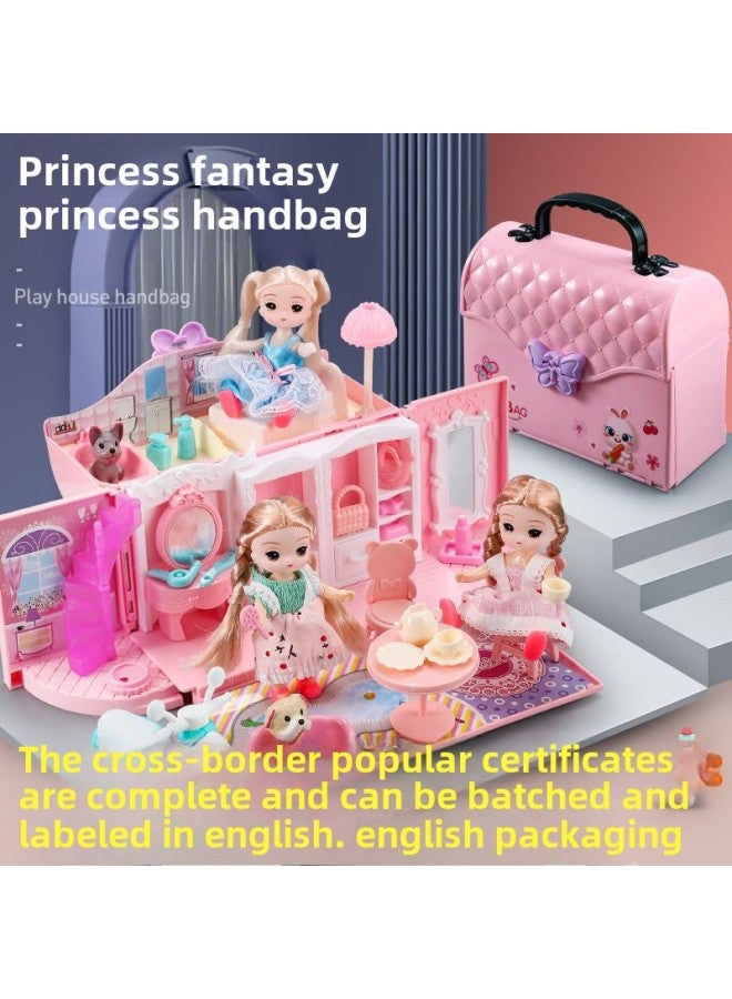 Girls Play House Toy Princess 3-6 Years Old Handbag Birthday Gift Box Explosions Girls Doll House-Color:Small Handbag Powder + 2 Dolls 【free Motorcycle + LED Light Strip】 - Image 2