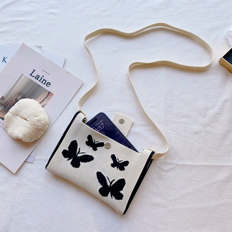 Japanese And Korean-Style Sweet Cool Girl Crossbody Knitted Butterfly Mobile Phone Bag Spring Small Fresh Butterfly Flying Woven Mini Bag - Image 1