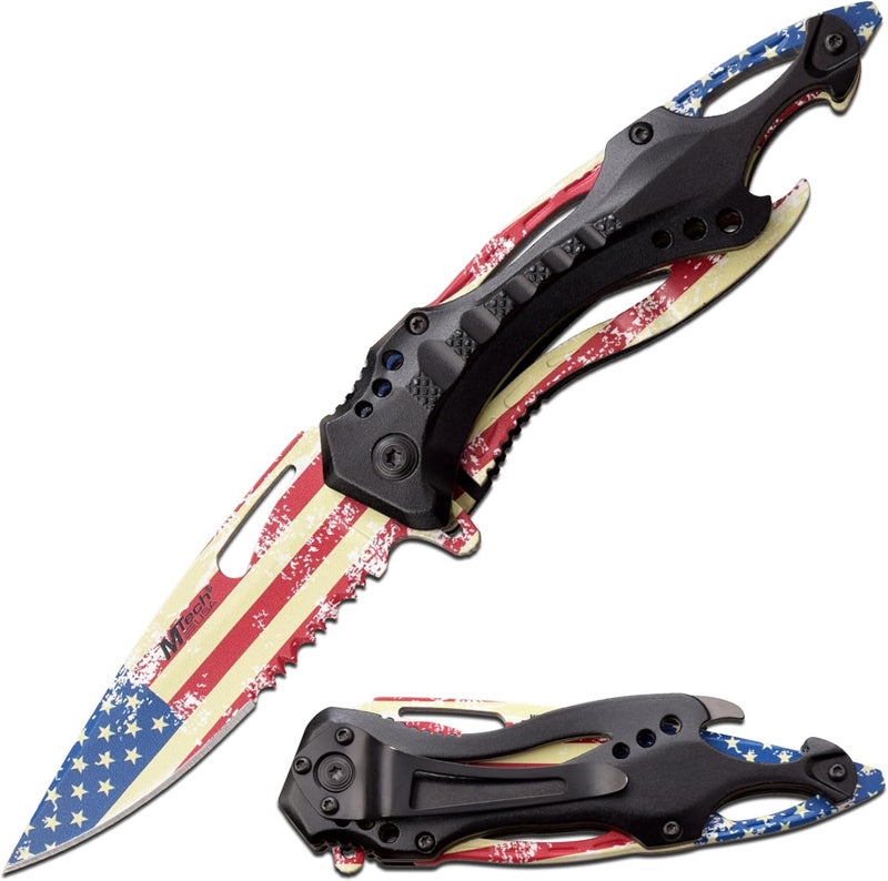 MTECH USA Folding Knife, 3.75-Inch Half-Serrated Blade, Titanium Coating, Glass Breaker, Pocket Clip - Image 1