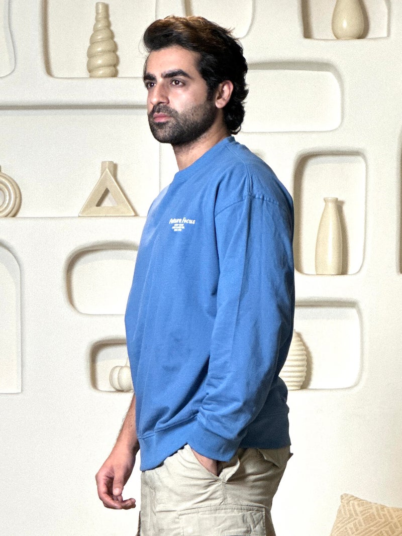 Maniac Mens Printed Round Neck Fullsleeve Denim Blue and White Cotton Sweatshirt - Image 3