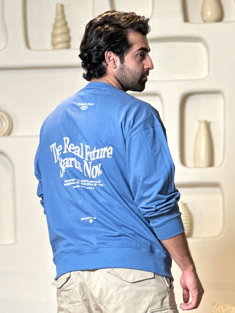 Maniac Mens Printed Round Neck Fullsleeve Denim Blue and White Cotton Sweatshirt - Image 1